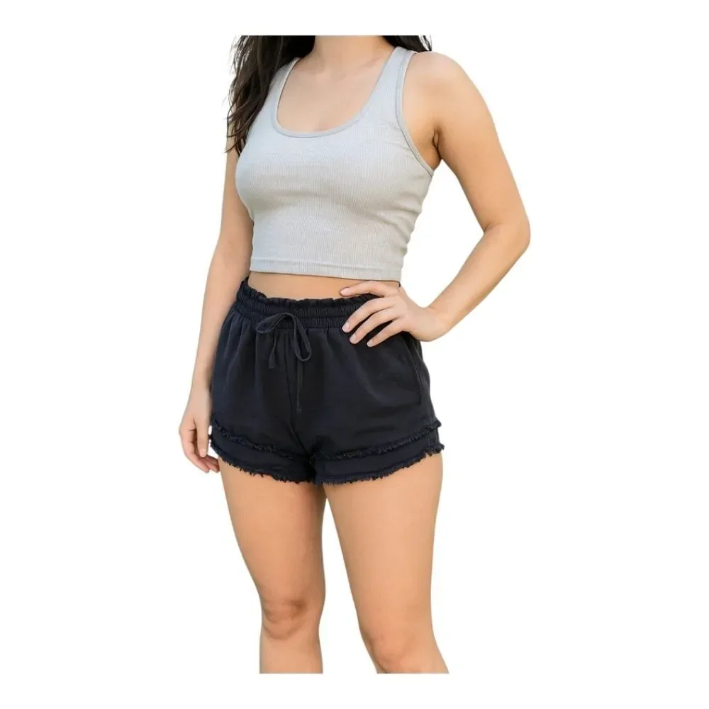 Day + Moon Shorts Black Distressed Hem Pockets Pull On Relaxed L